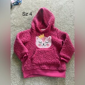 Girls Fuchsia Sherpa Hoodie with Sequin Cat Graphic. A little pilly but nothing